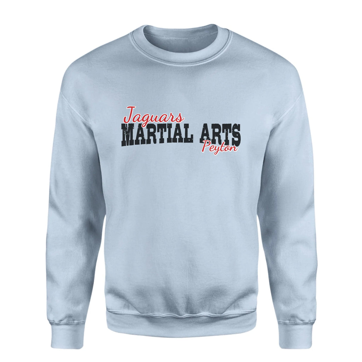 Custom Martial Arts Mascot and Martial Artist Name on a Sweatshirt with a Black Graphic