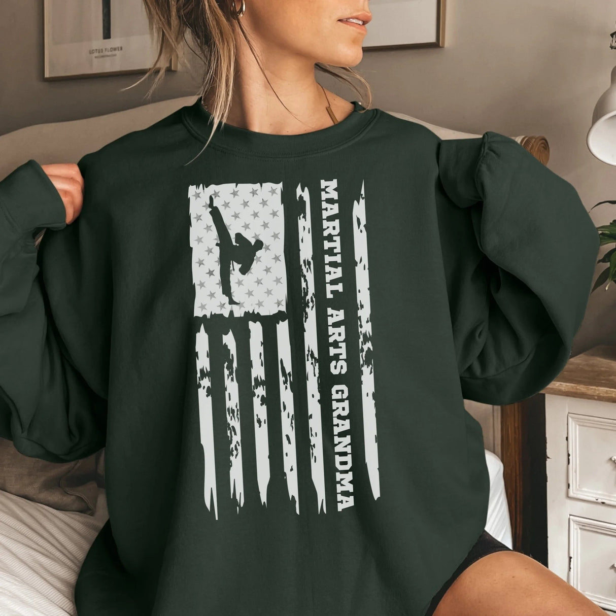 Martial Arts Grandma Vertical Flag on a Sweatshirt with a White Graphic