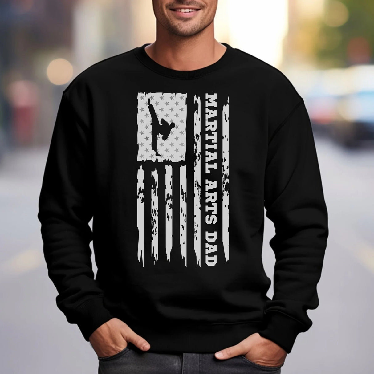 Martial Arts Dad Vertical Flag on a Sweatshirt with a White Graphic