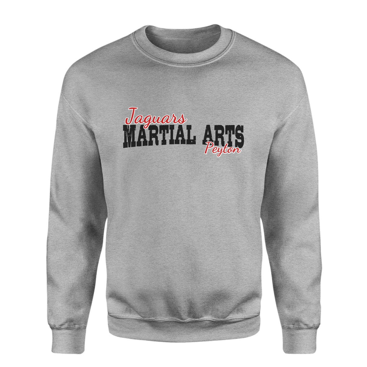 Custom Martial Arts Mascot and Martial Artist Name on a Sweatshirt with a Black Graphic