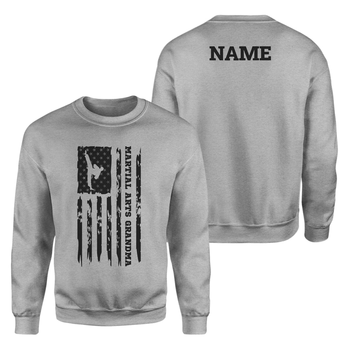 Martial Arts Grandma Vertical Flag With Martial Artist Name on a Sweatshirt with a Black Graphic