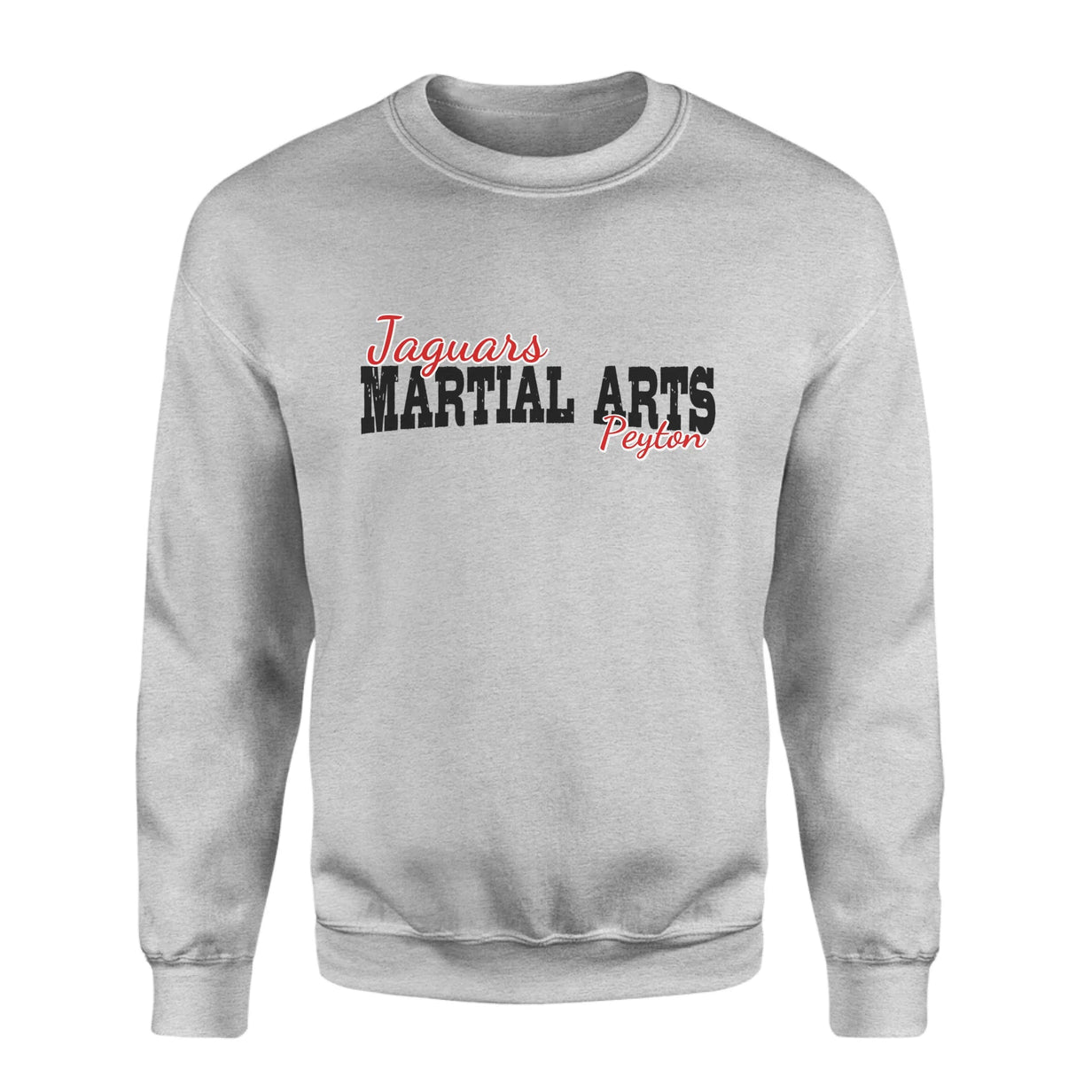 Custom Martial Arts Mascot and Martial Artist Name on a Sweatshirt with a Black Graphic