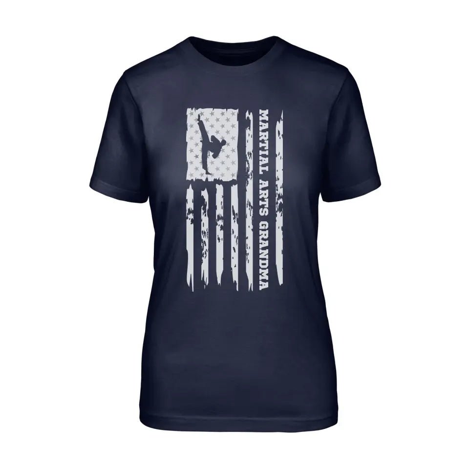 Martial Arts Grandma Vertical Flag on a Unisex T-Shirt with a White Graphic