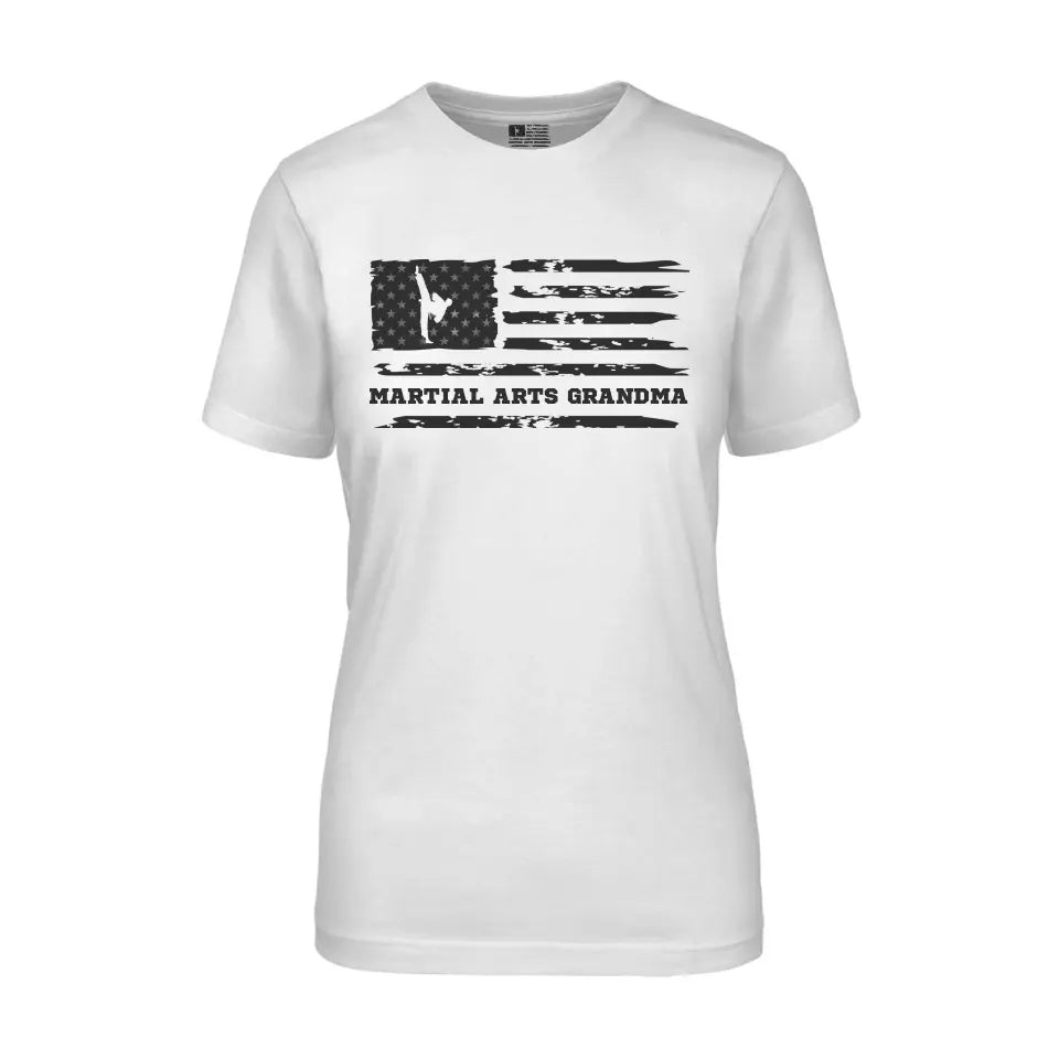 Martial Arts Grandma Horizontal Flag on a Unisex T-Shirt with a Black Graphic