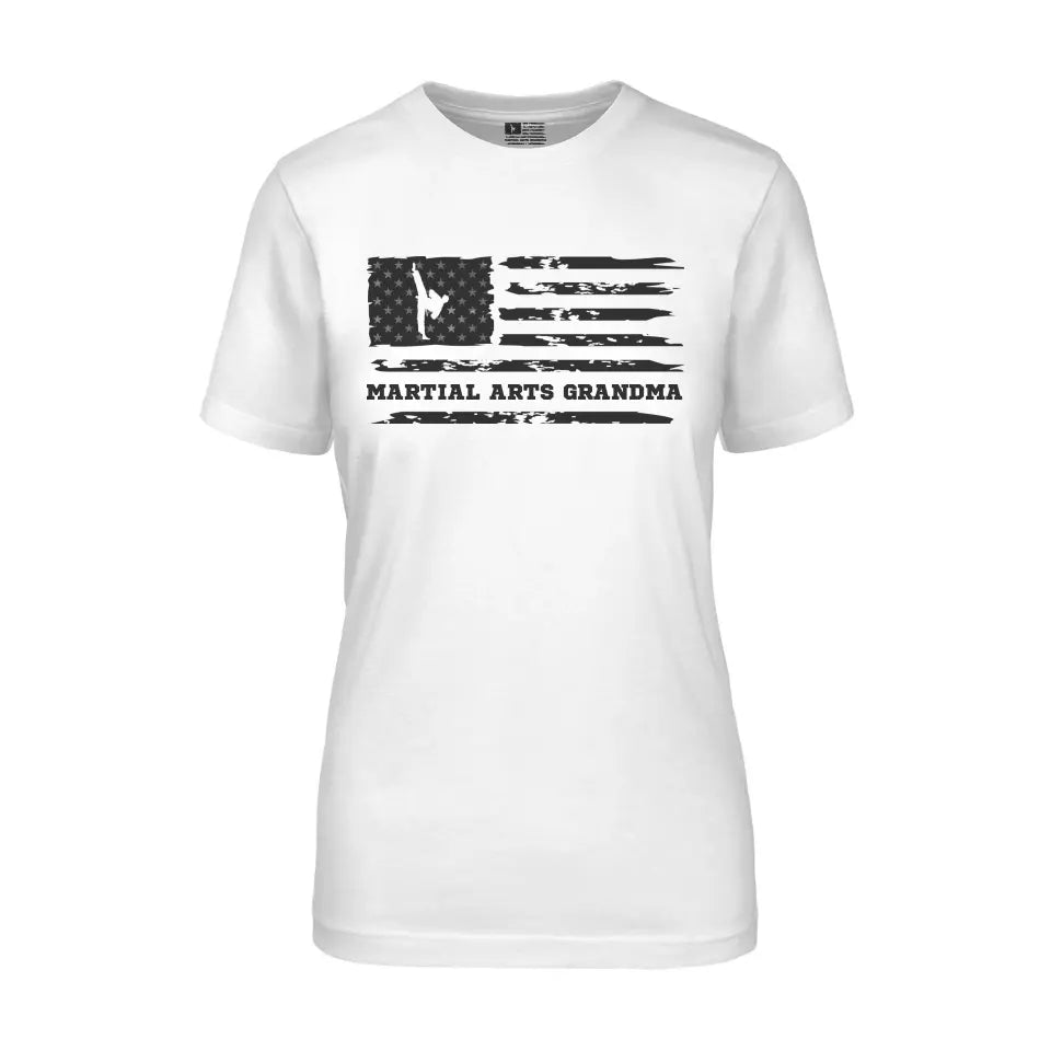 Martial Arts Grandma Horizontal Flag on a Unisex T-Shirt with a Black Graphic