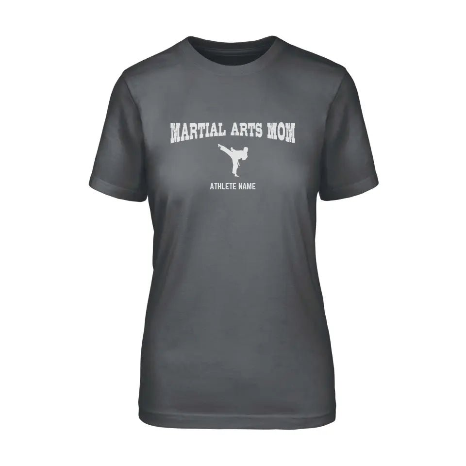 Martial Arts Mom with Martial Artist Icon and Martial Artist Name on a Unisex T-Shirt with a White Graphic