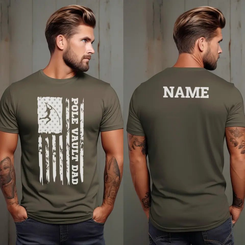 Pole Vault Dad Vertical Flag With Pole Vaulter Name on a Men's T-Shirt with a White Graphic