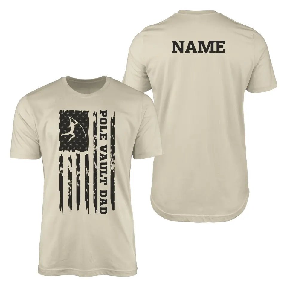 Pole Vault Dad Vertical Flag With Pole Vaulter Name on a Men's T-Shirt with a Black Graphic