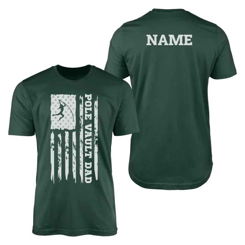 Pole Vault Dad Vertical Flag With Pole Vaulter Name on a Men's T-Shirt with a White Graphic