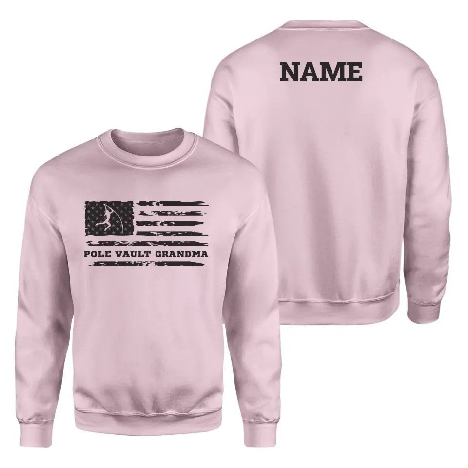 Pole Vault Grandma Horizontal Flag With Pole Vaulter Name on a Sweatshirt with a Black Graphic