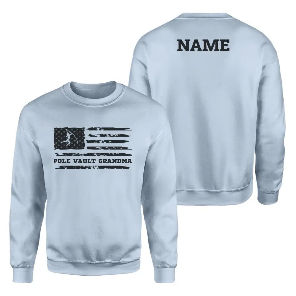 Pole Vault Grandma Horizontal Flag With Pole Vaulter Name on a Sweatshirt with a Black Graphic