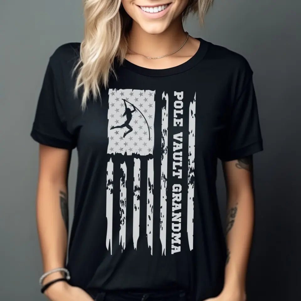 Pole Vault Grandma Vertical Flag on a Unisex T-Shirt with a White Graphic