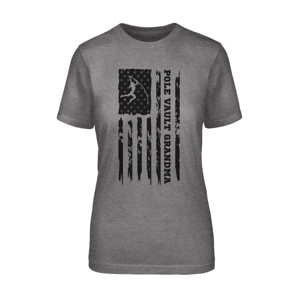 Pole Vault Grandma Vertical Flag on a Unisex T-Shirt with a Black Graphic