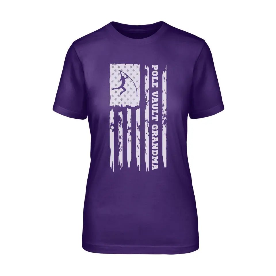 Pole Vault Grandma Vertical Flag on a Unisex T-Shirt with a White Graphic
