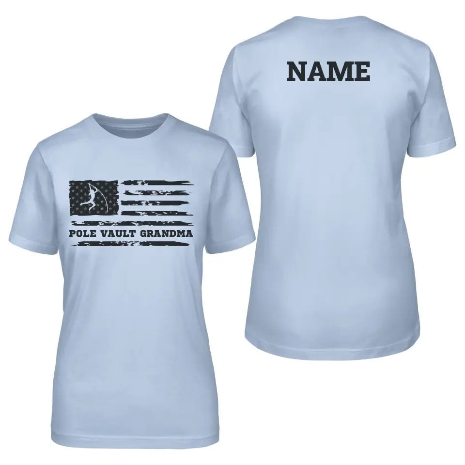 Pole Vault Grandma Horizontal Flag With Pole Vaulter Name on a Unisex T-Shirt with a Black Graphic