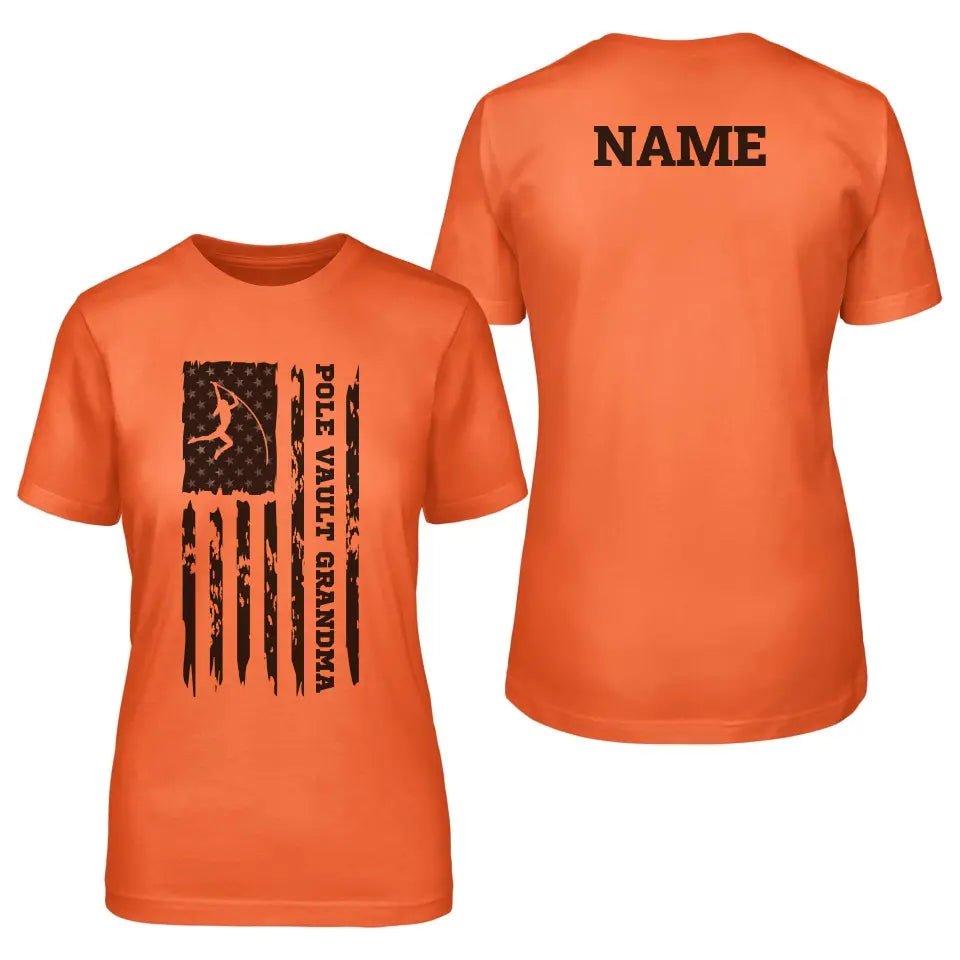 Pole Vault Grandma Vertical Flag With Pole Vaulter Name on a Unisex T-Shirt with a Black Graphic