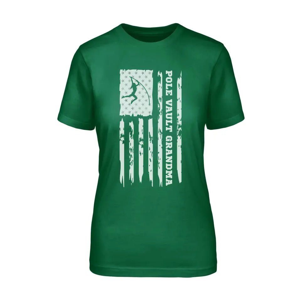 Pole Vault Grandma Vertical Flag on a Unisex T-Shirt with a White Graphic