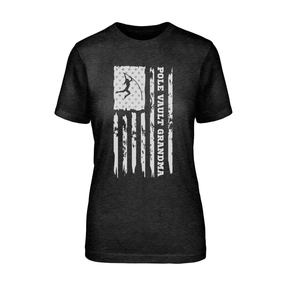 Pole Vault Grandma Vertical Flag on a Unisex T-Shirt with a White Graphic