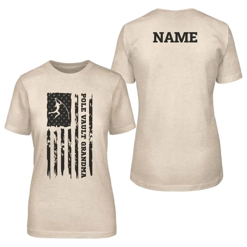 Pole Vault Grandma Vertical Flag With Pole Vaulter Name on a Unisex T-Shirt with a Black Graphic
