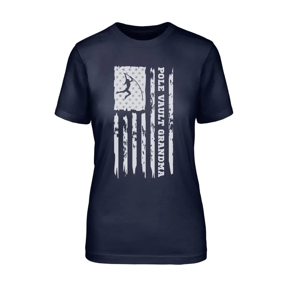 Pole Vault Grandma Vertical Flag on a Unisex T-Shirt with a White Graphic