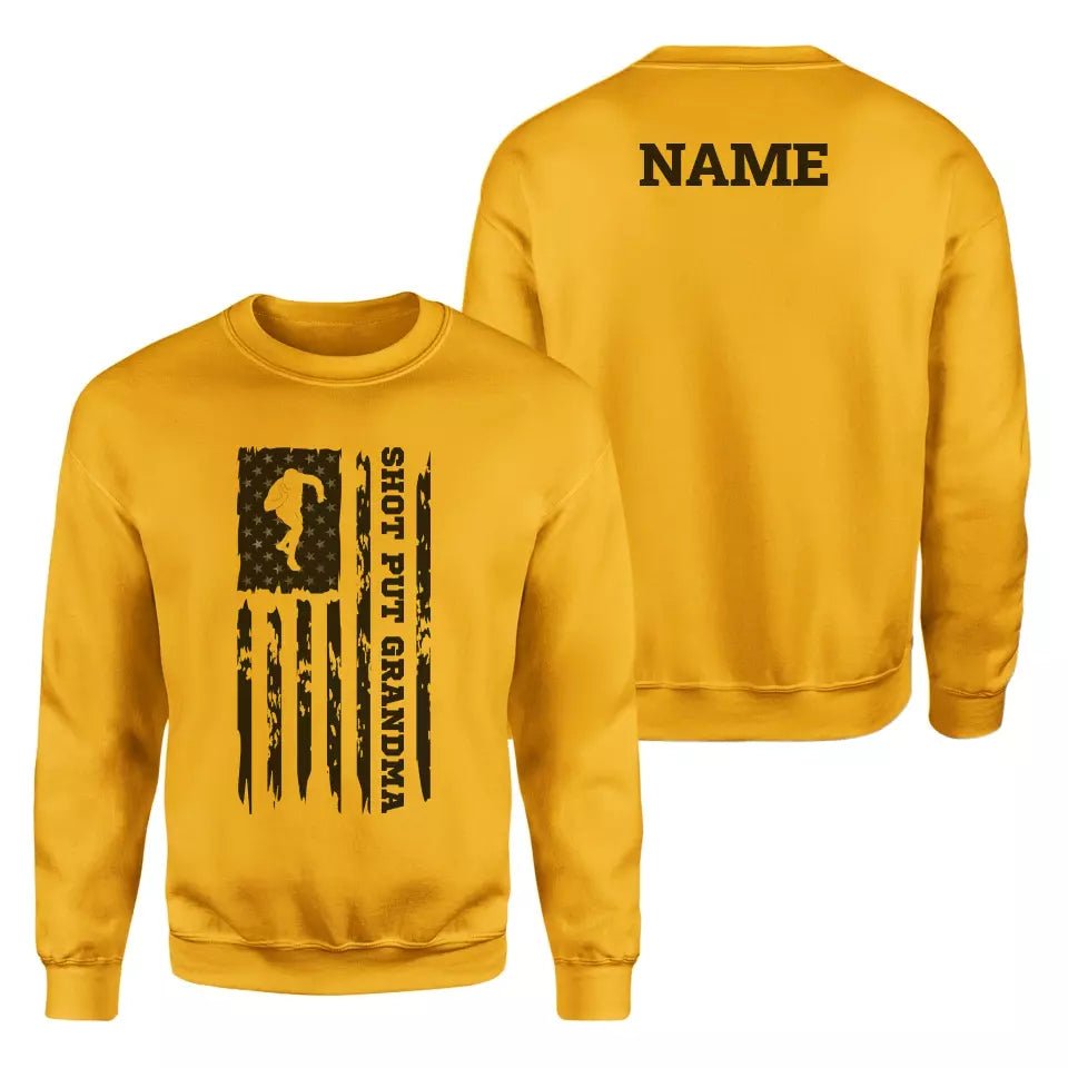 Shot put Grandma Vertical Flag With Shot putter Name on a Sweatshirt with a Black Graphic