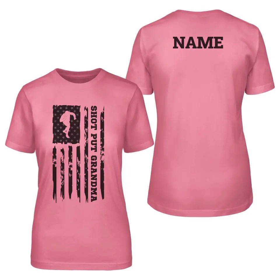 Shot put Grandma Vertical Flag With Shot putter Name on a Unisex T-Shirt with a Black Graphic