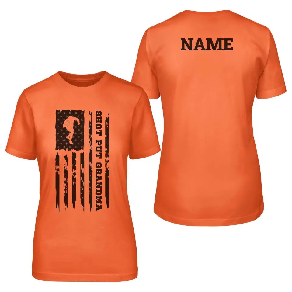 Shot put Grandma Vertical Flag With Shot putter Name on a Unisex T-Shirt with a Black Graphic