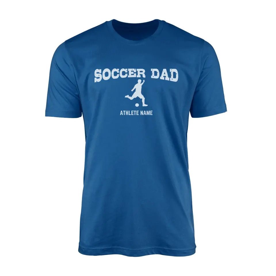 Soccer Dad with Soccer Player Icon and Soccer Player Name on a Men's T-Shirt with a White Graphic