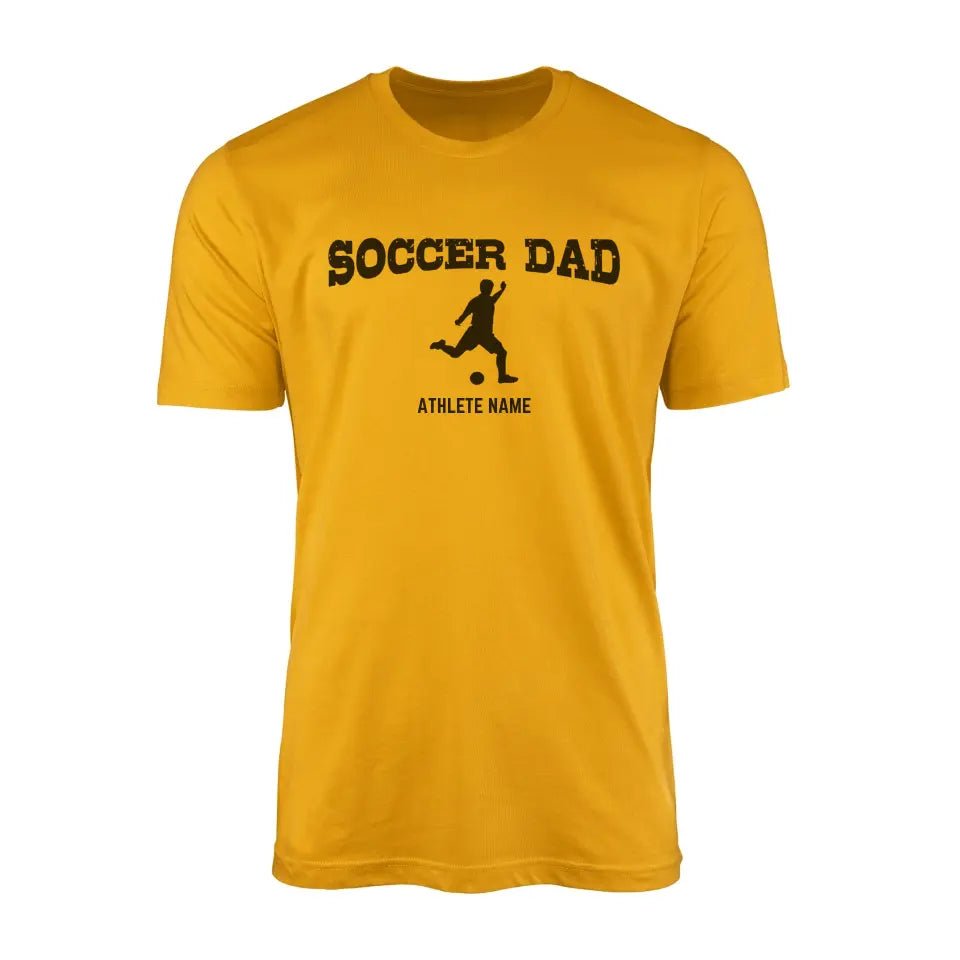 Soccer Dad with Soccer Player Icon and Soccer Player Name on a Men's T-Shirt with a Black Graphic