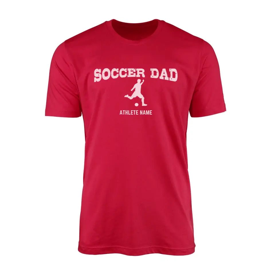 Soccer Dad with Soccer Player Icon and Soccer Player Name on a Men's T-Shirt with a White Graphic