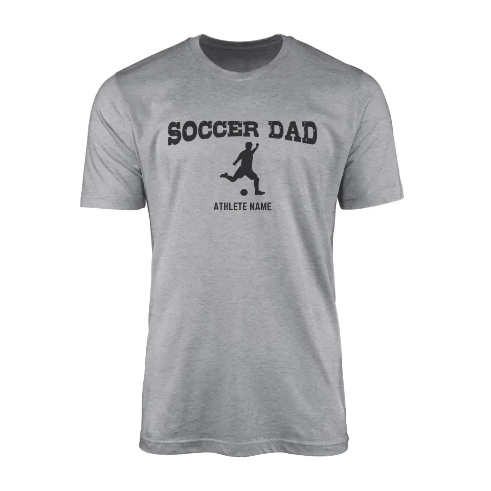 Soccer Dad with Soccer Player Icon and Soccer Player Name on a Men's T-Shirt with a Black Graphic