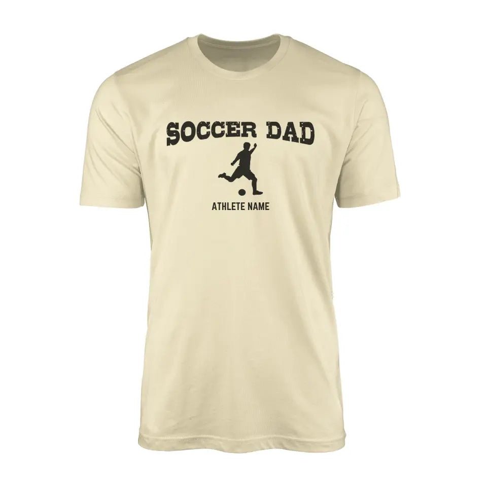 Soccer Dad with Soccer Player Icon and Soccer Player Name on a Men's T-Shirt with a Black Graphic