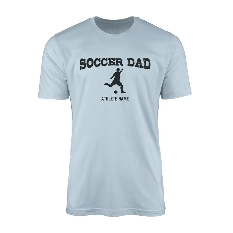 Soccer Dad with Soccer Player Icon and Soccer Player Name on a Men's T-Shirt with a Black Graphic