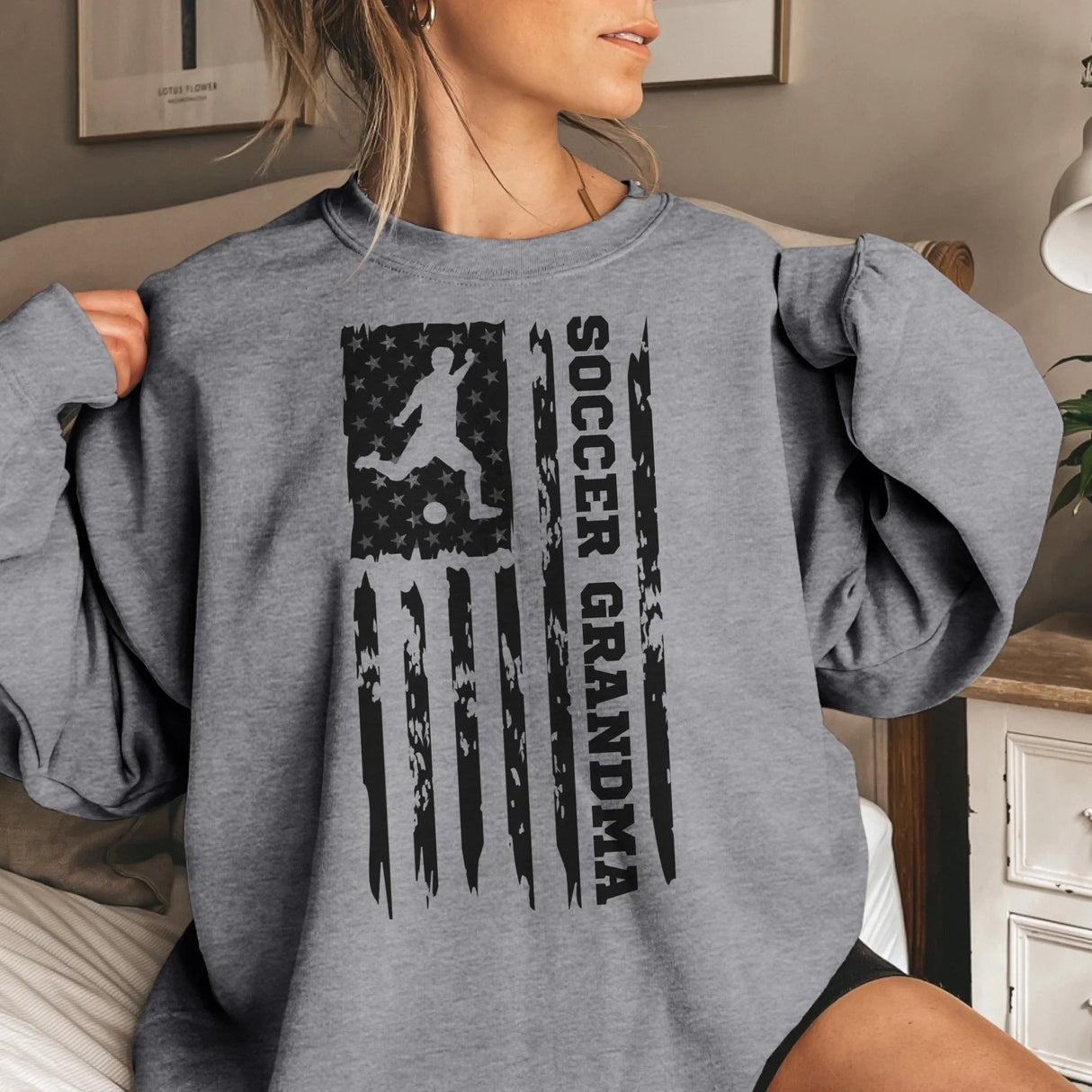 Soccer Grandma Vertical Flag on a Sweatshirt with a Black Graphic