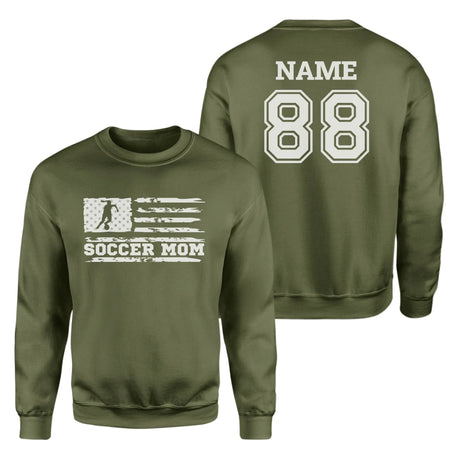 Soccer Mom Horizontal Flag With Soccer Player Name on a Sweatshirt with a White Graphic