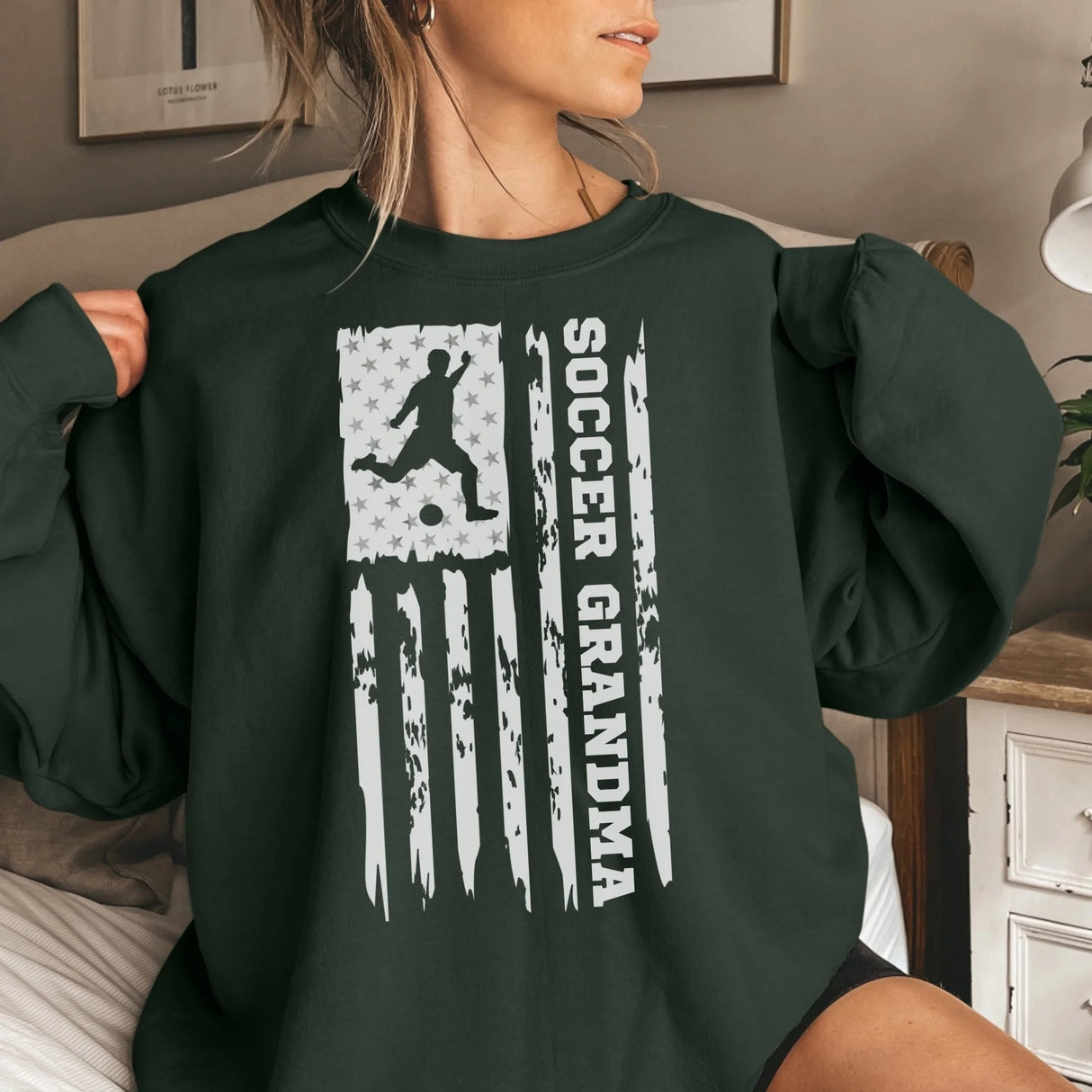 Soccer Grandma Vertical Flag on a Sweatshirt with a White Graphic