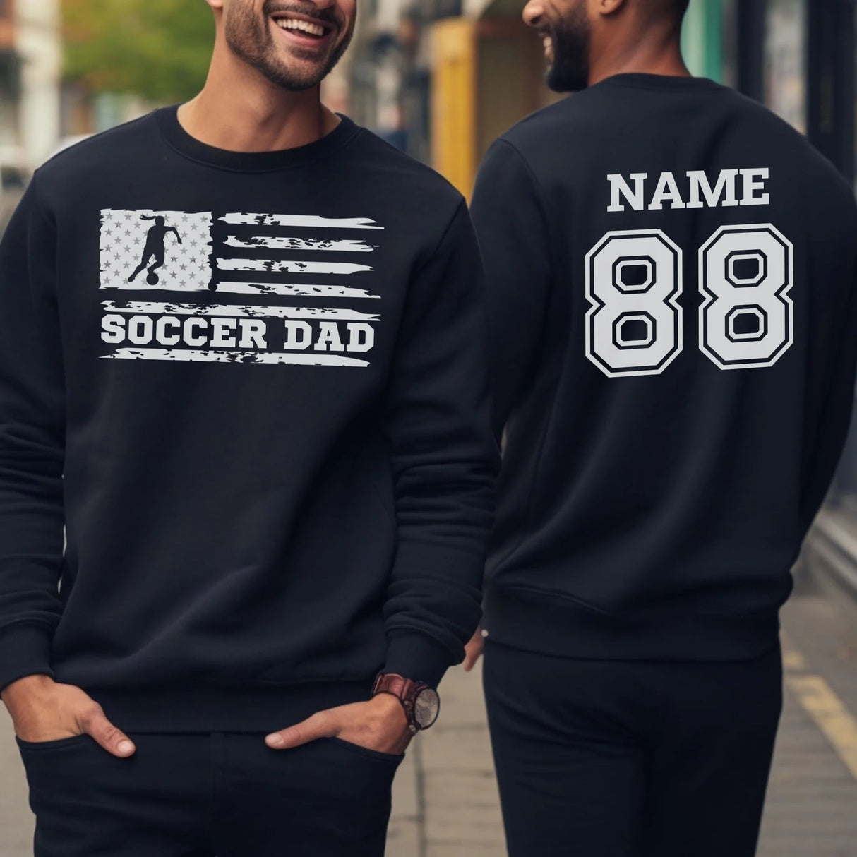 Soccer Dad Horizontal Flag With Soccer Player Name on a Sweatshirt with a White Graphic