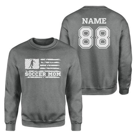 Soccer Mom Horizontal Flag With Soccer Player Name on a Sweatshirt with a White Graphic