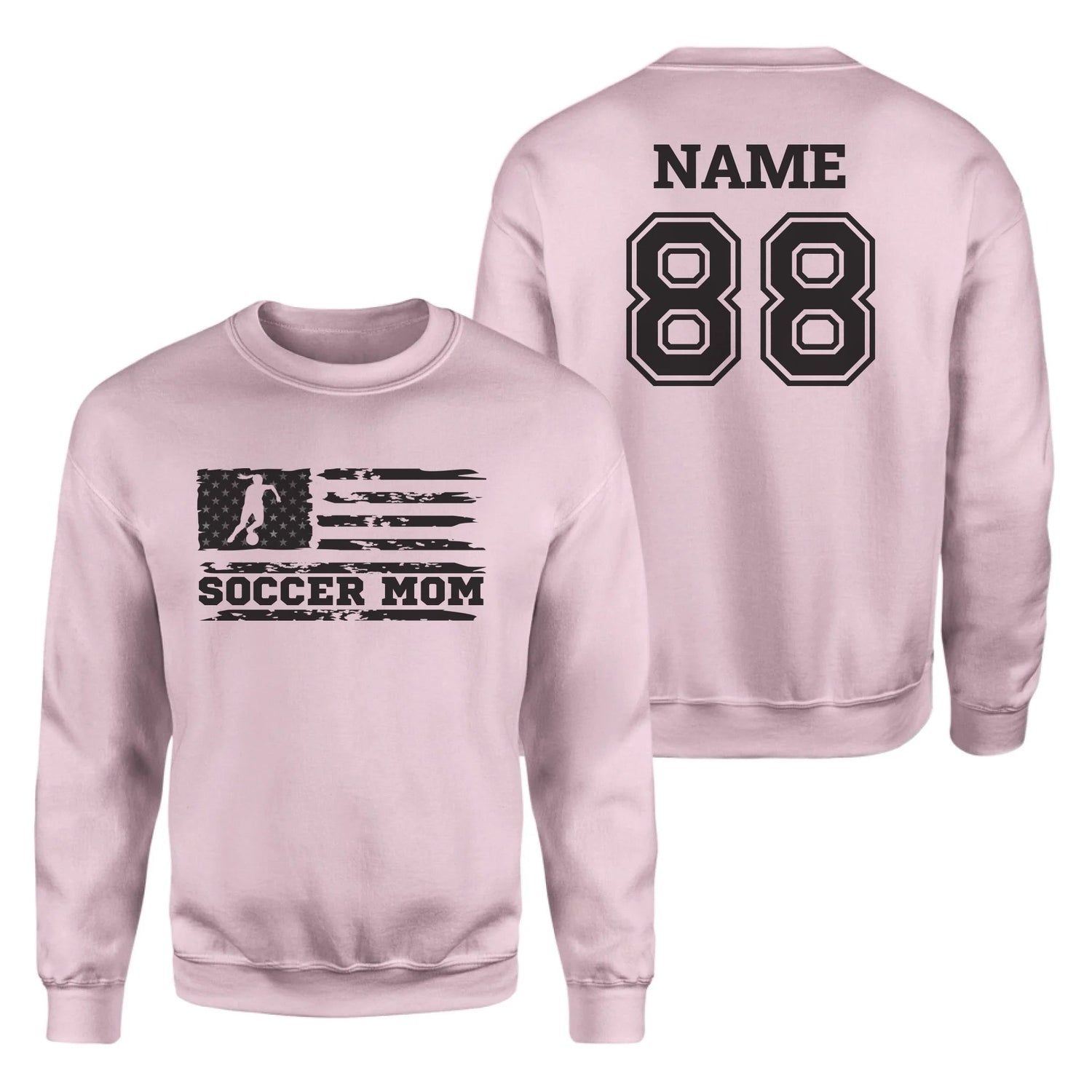 Soccer Mom Horizontal Flag With Soccer Player Name on a Sweatshirt with a Black Graphic