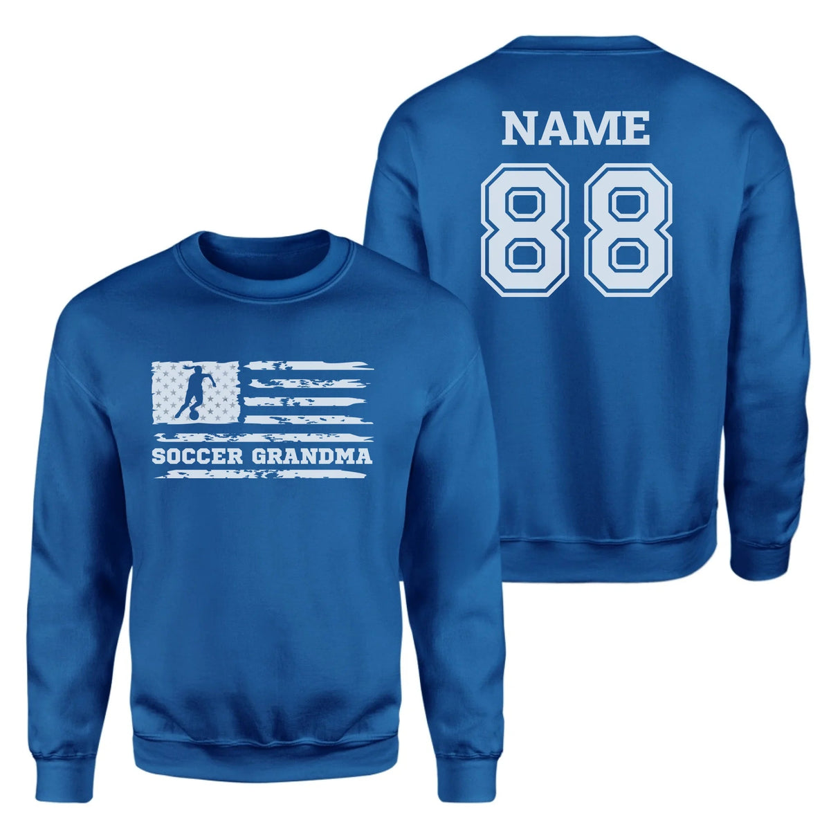 Soccer Grandma Horizontal Flag With Soccer Player Name on a Sweatshirt with a White Graphic