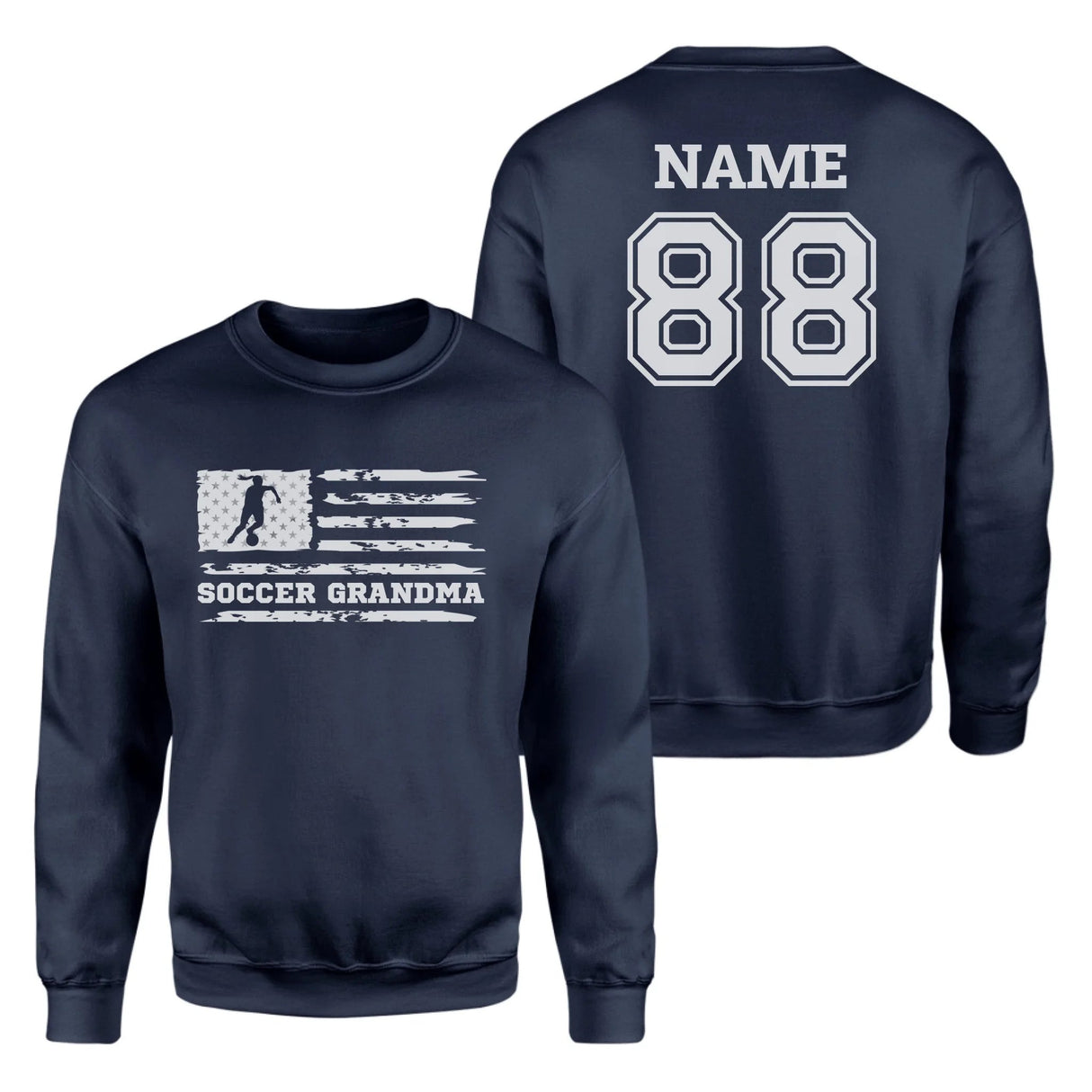 Soccer Grandma Horizontal Flag With Soccer Player Name on a Sweatshirt with a White Graphic
