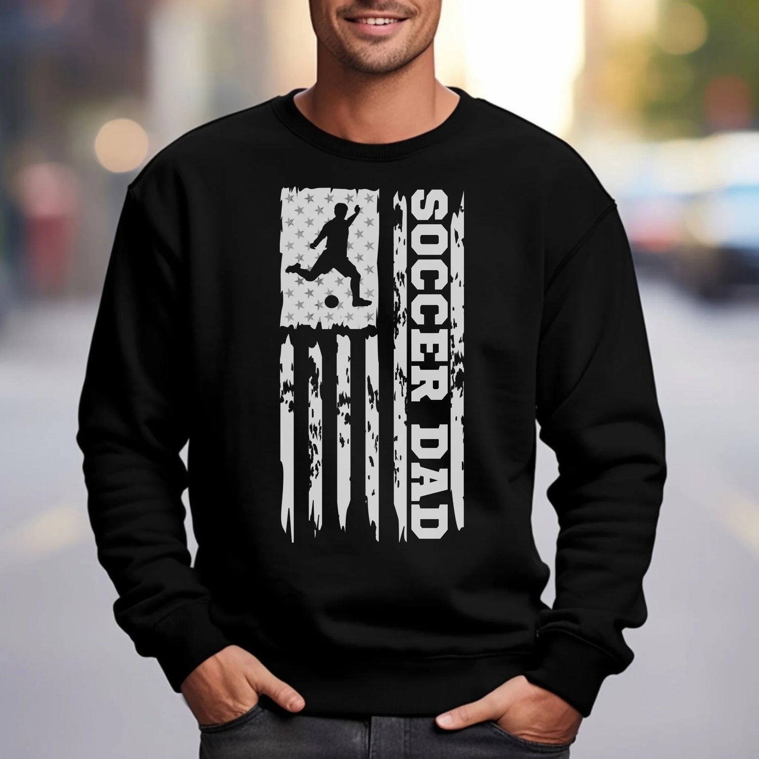 Soccer Dad Vertical Flag on a Sweatshirt with a White Graphic