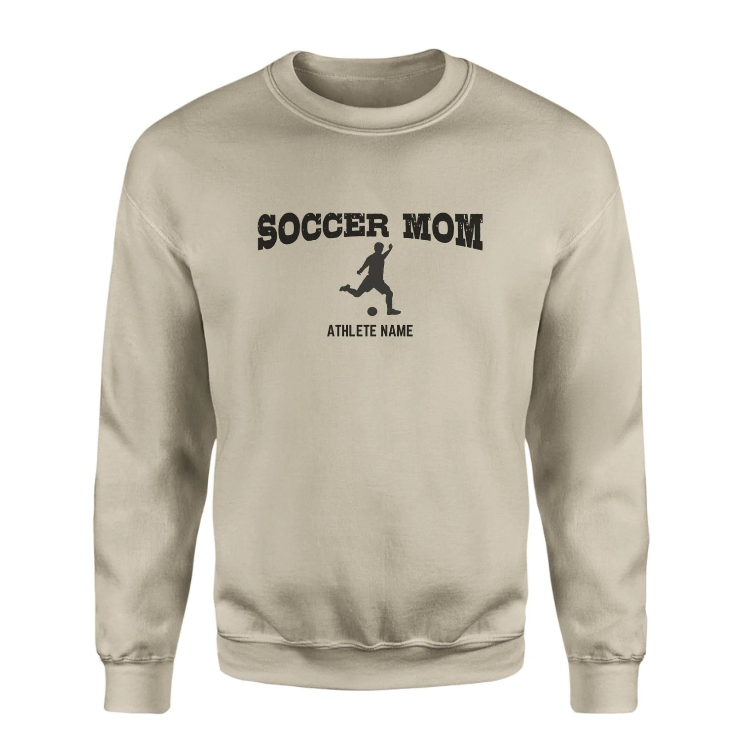 Soccer Mom with Soccer Player Icon and Soccer Player Name on a Sweatshirt with a Black Graphic