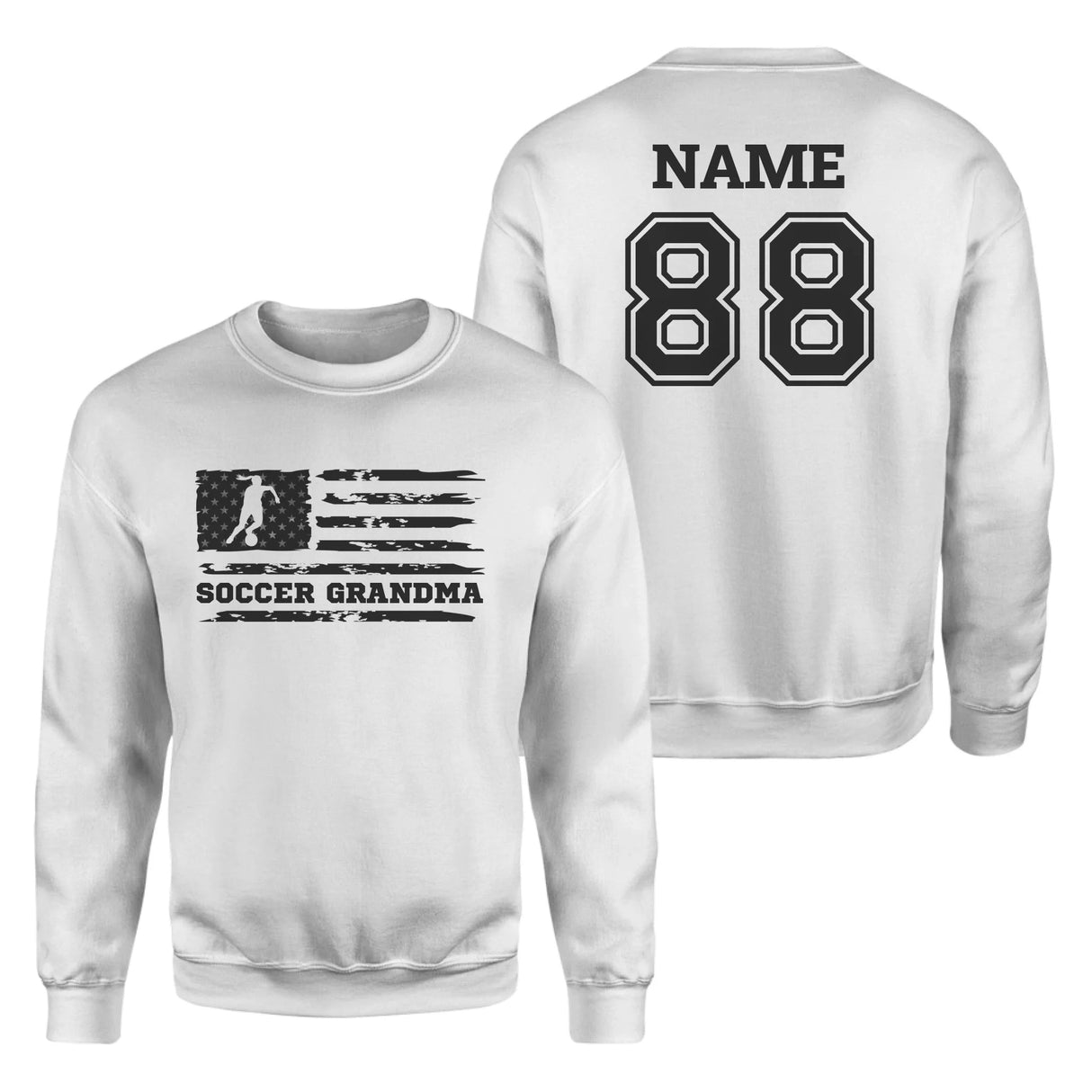 Soccer Grandma Horizontal Flag With Soccer Player Name on a Sweatshirt with a Black Graphic
