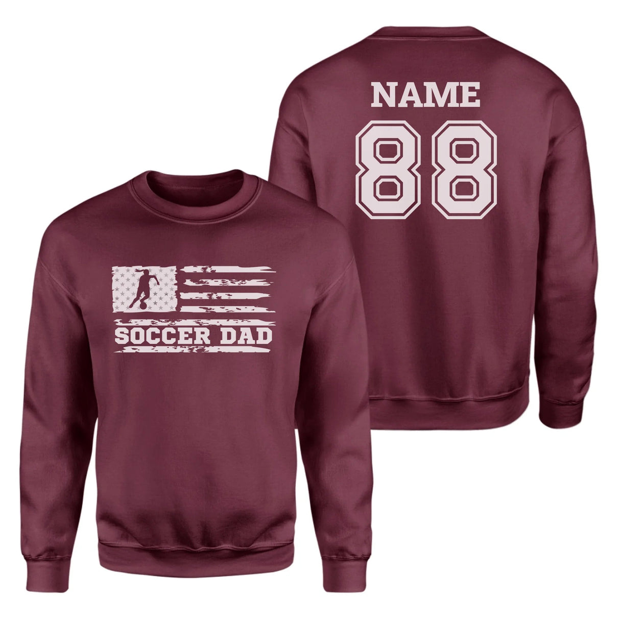 Soccer Dad Horizontal Flag With Soccer Player Name on a Sweatshirt with a White Graphic