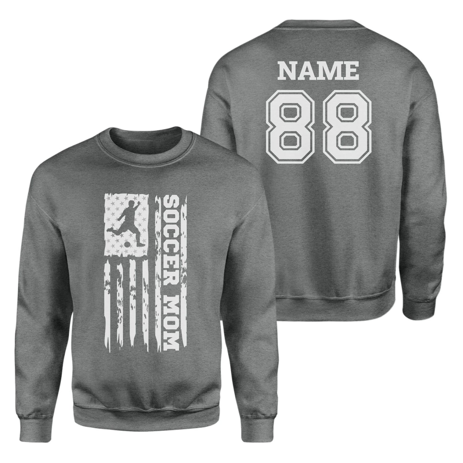 Soccer Mom Vertical Flag With Soccer Player Name on a Sweatshirt with a White Graphic