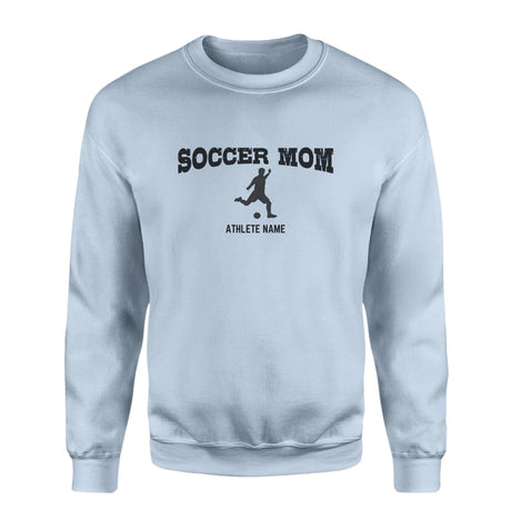 Soccer Mom with Soccer Player Icon and Soccer Player Name on a Sweatshirt with a Black Graphic