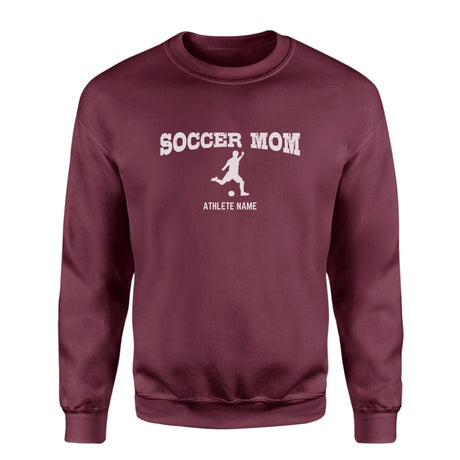 Soccer Mom with Soccer Player Icon and Soccer Player Name on a Sweatshirt with a White Graphic