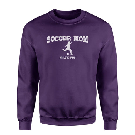 Soccer Mom with Soccer Player Icon and Soccer Player Name on a Sweatshirt with a White Graphic