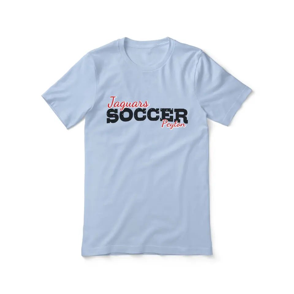 Custom Soccer Mascot and Soccer Player Name on a Unisex T-Shirt with a Black Graphic